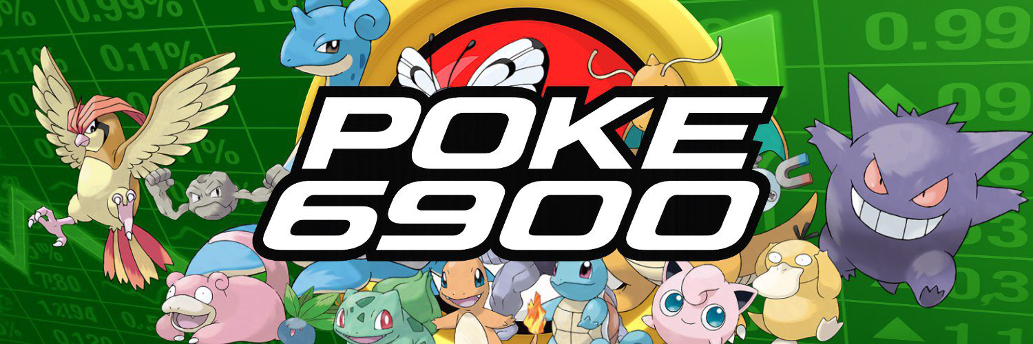 Wide POKE6900 banner with a gold coin and colorful monster characters on a green market field