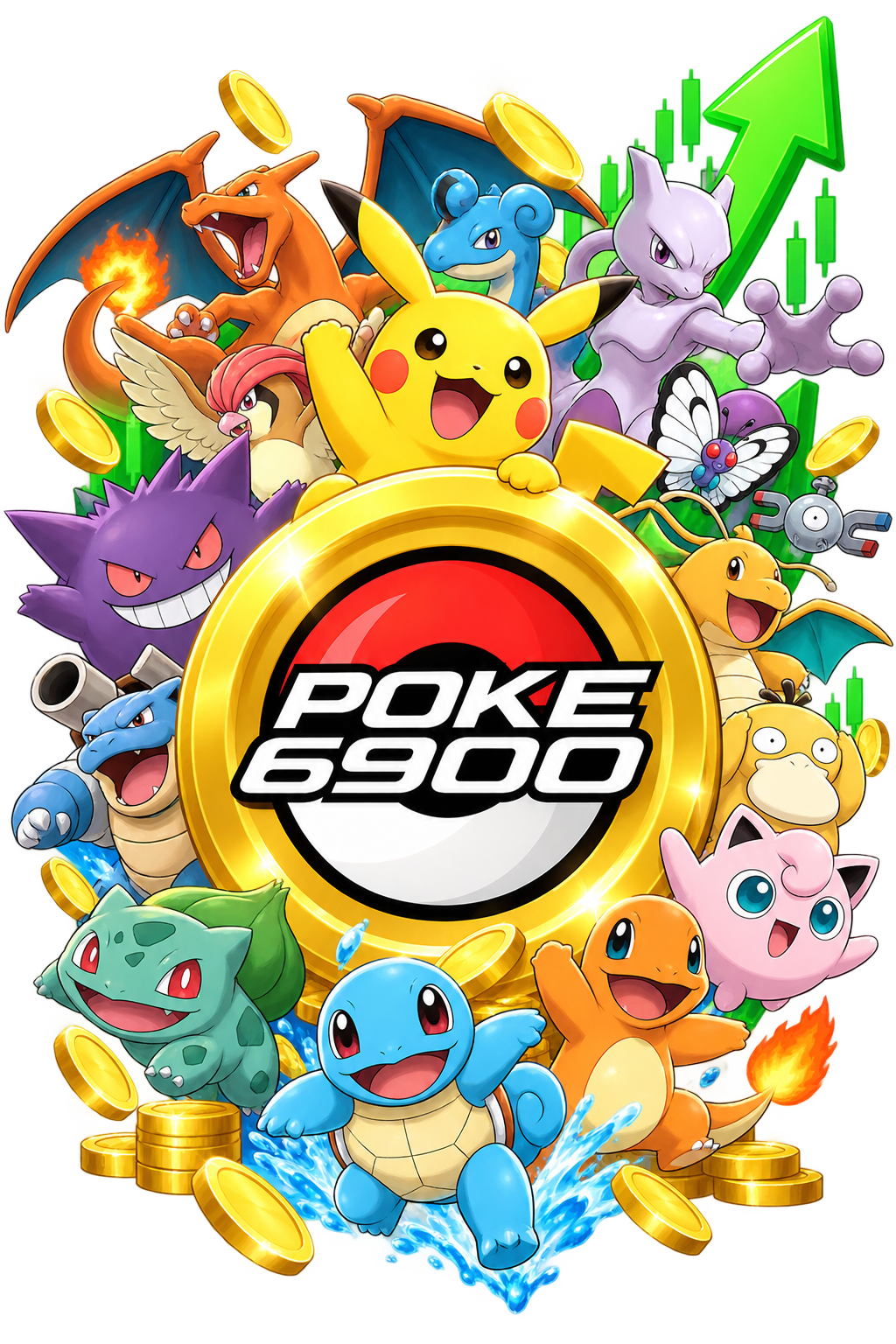 Gold POKE6900 coin surrounded by colorful monster characters, smaller coins, and green market graphics